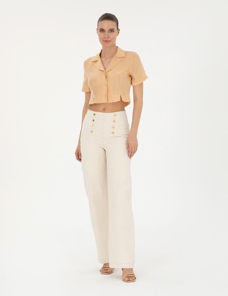 Bej Keten Karışımlı Slim Fit Crop Gömlek - 50284703003