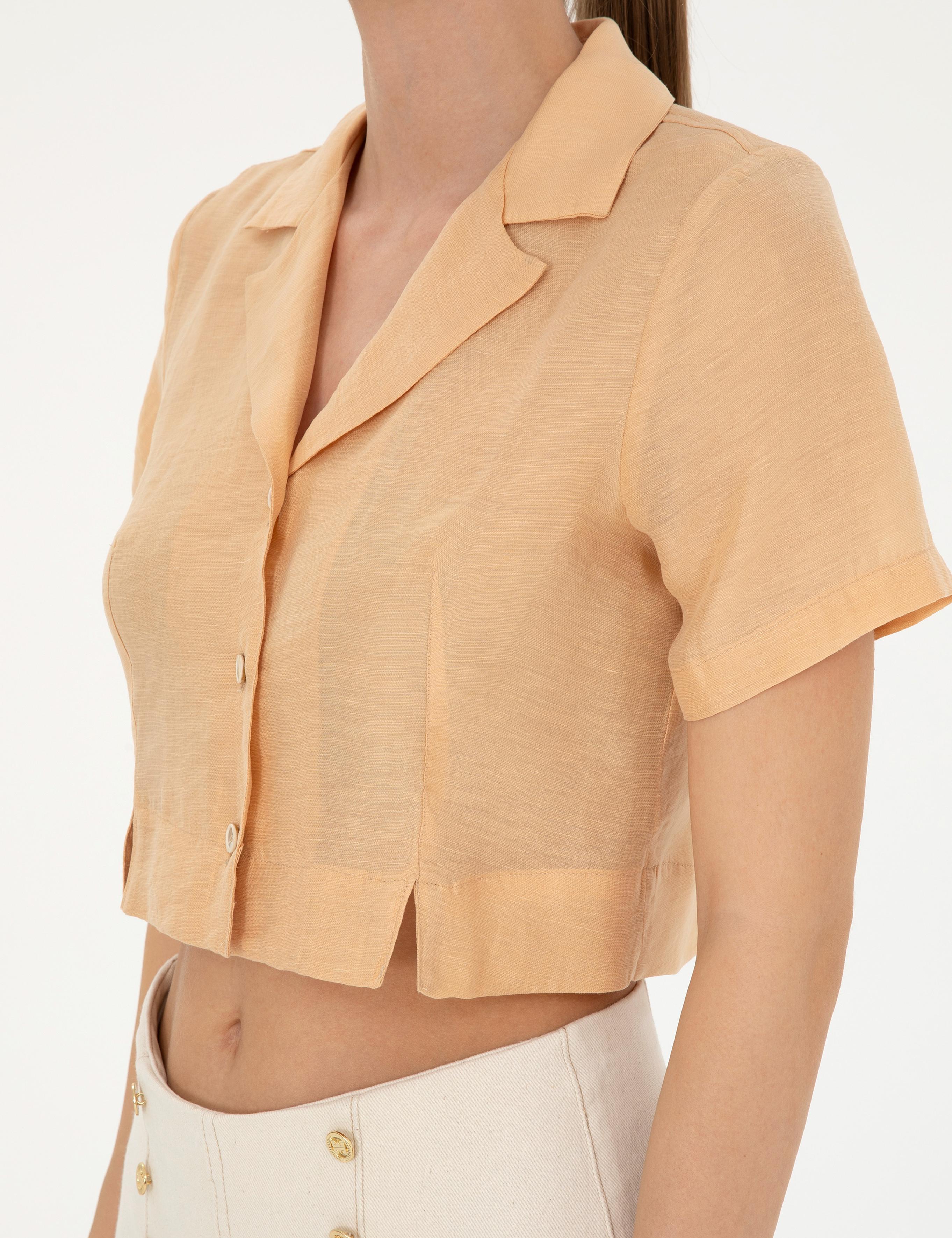 Bej Keten Karışımlı Slim Fit Crop Gömlek