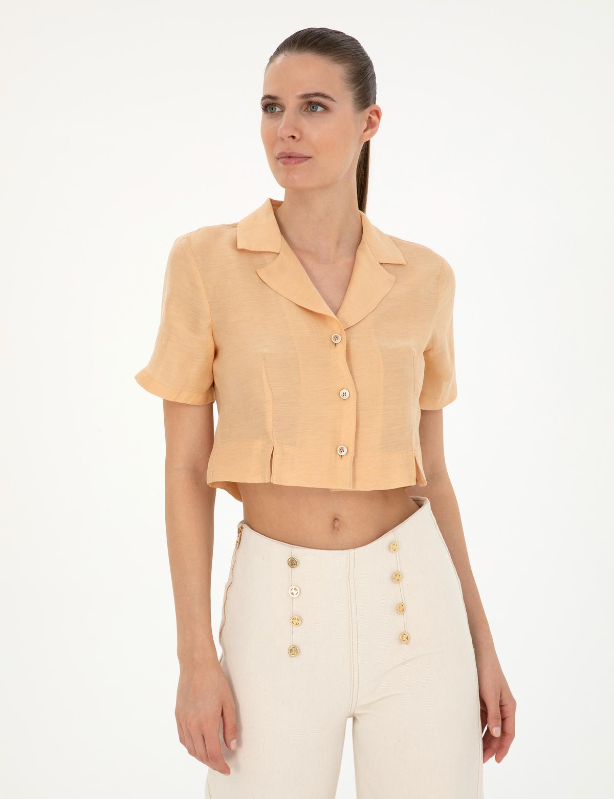 Bej Keten Karışımlı Slim Fit Crop Gömlek - 50284703003