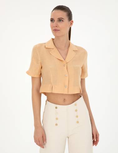 Bej Keten Karışımlı Slim Fit Crop Gömlek