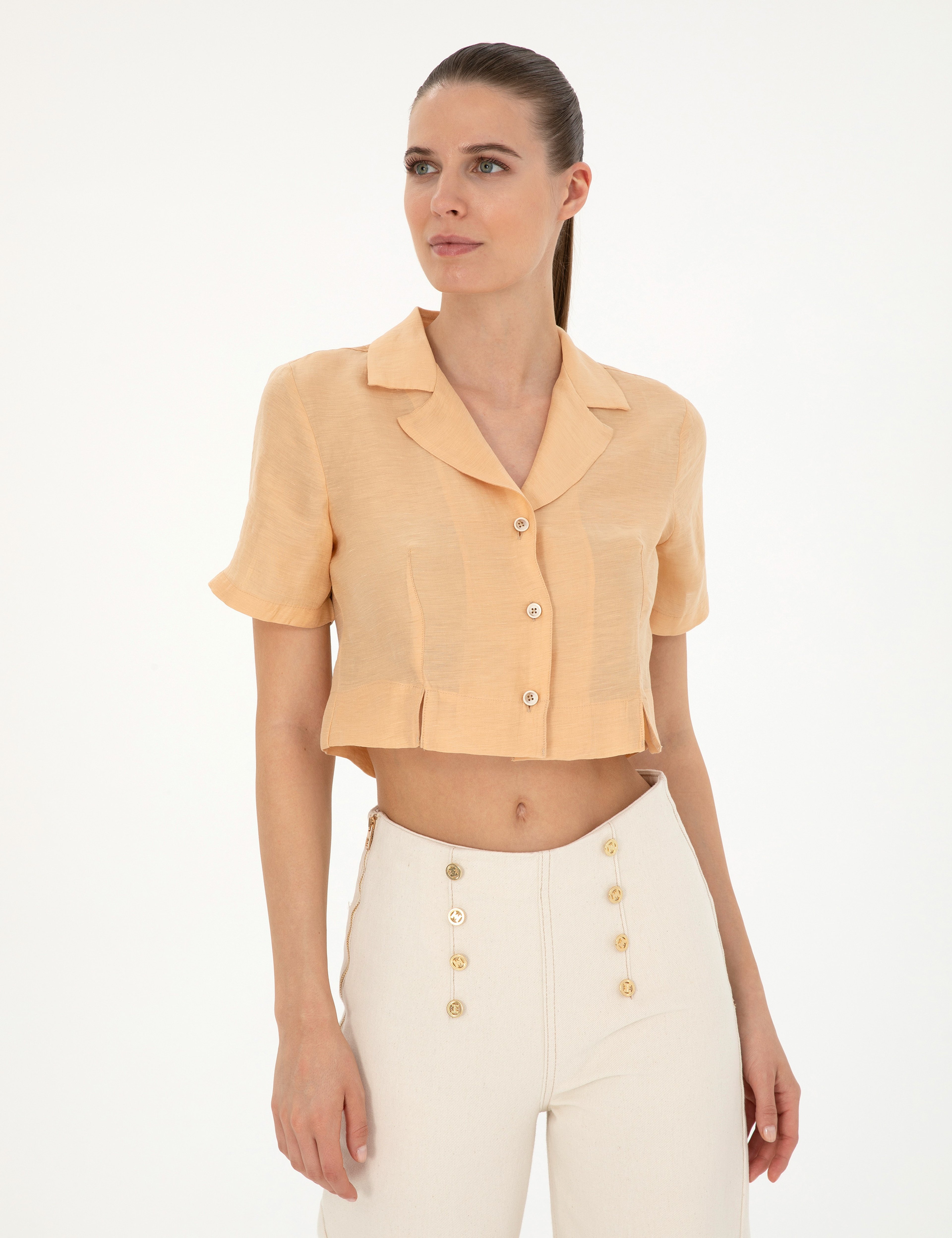 Bej Keten Karışımlı Slim Fit Crop Gömlek - Image 3