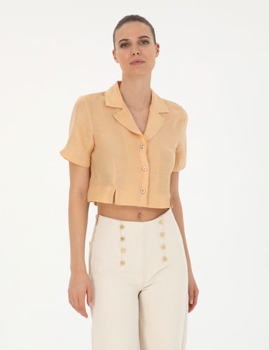 Bej Keten Karışımlı Slim Fit Crop Gömlek