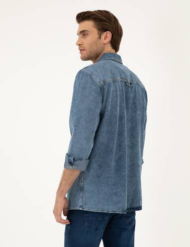 Koyu Mavi Regular Fit Uzun Kollu Jean Gömlek