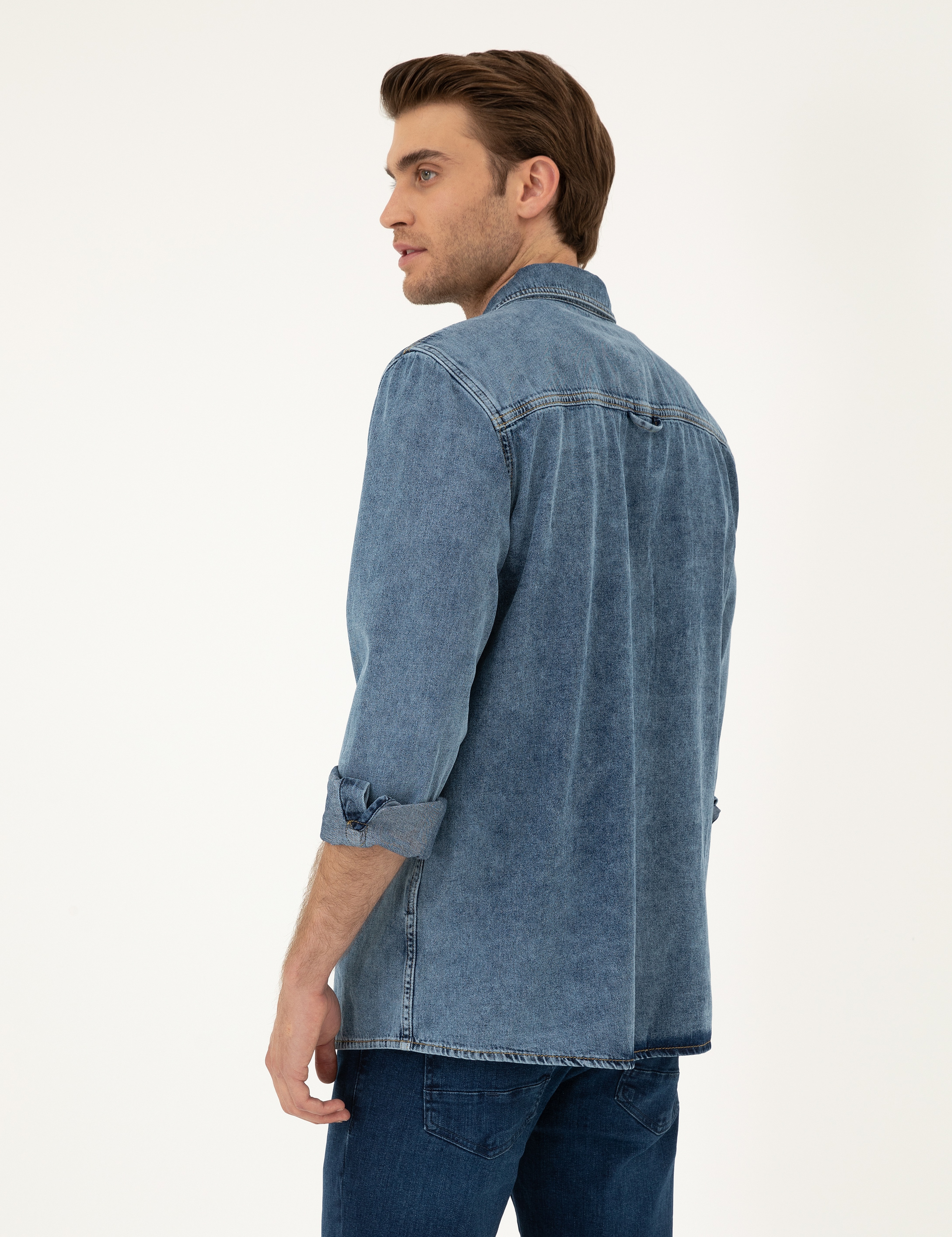 Koyu Mavi Regular Fit Uzun Kollu Jean Gömlek - Image 5