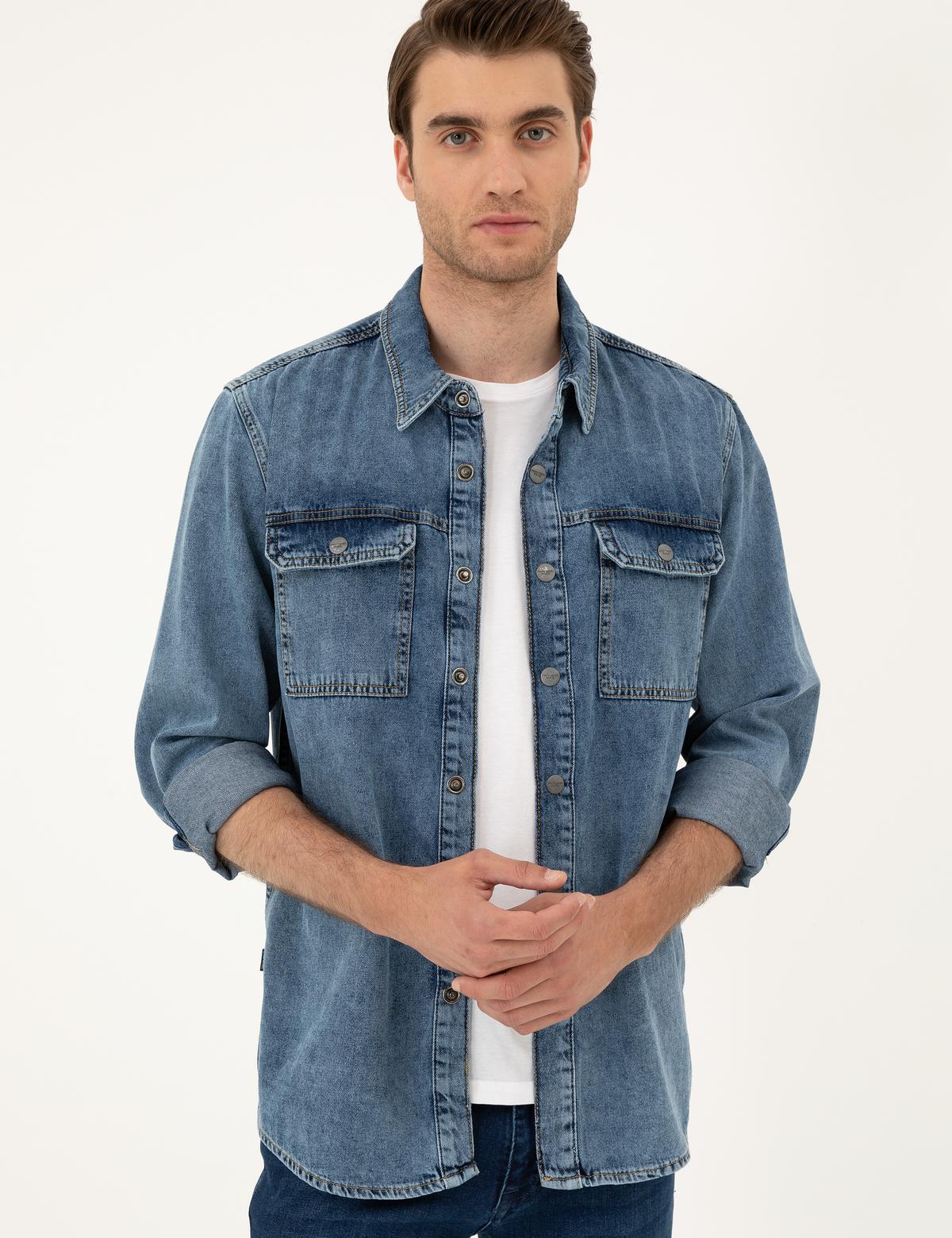 Koyu Mavi Regular Fit Uzun Kollu Jean Gömlek - 50288244009