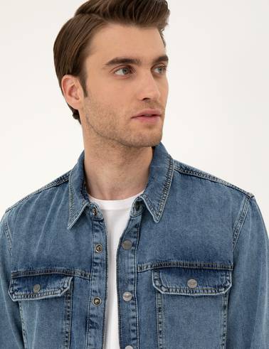 Koyu Mavi Regular Fit Uzun Kollu Jean Gömlek