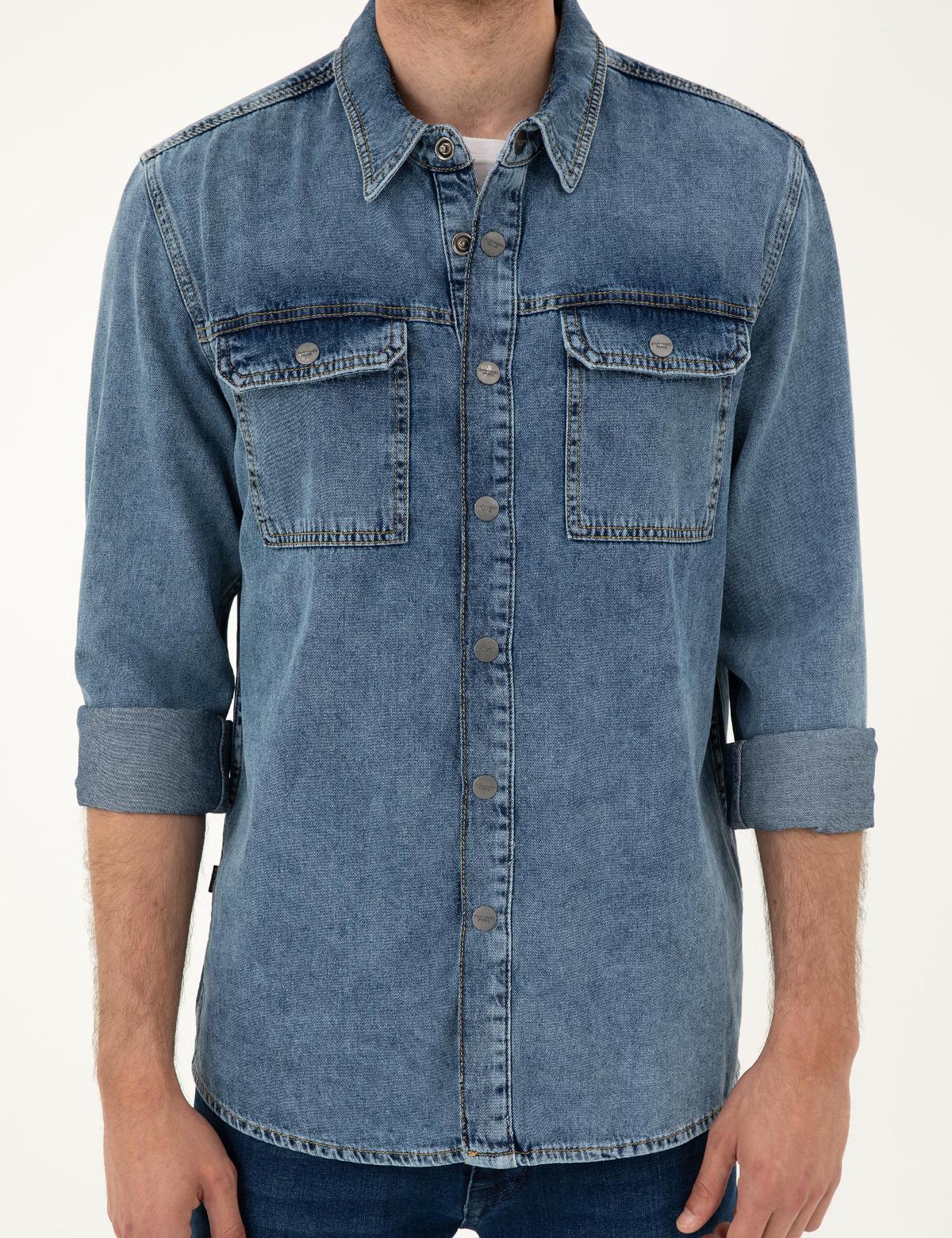 Koyu Mavi Regular Fit Uzun Kollu Jean Gömlek - 50288244009