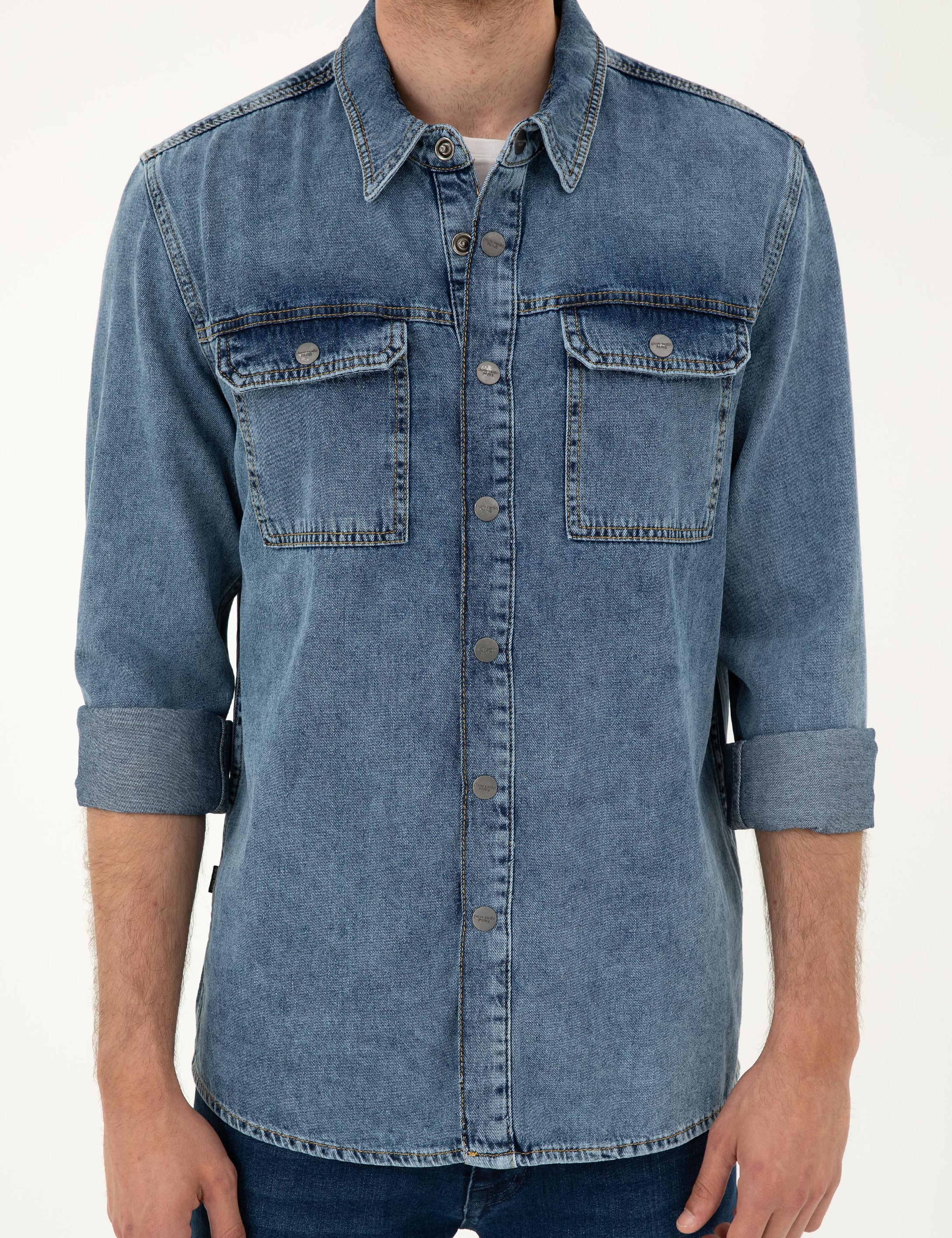 Koyu Mavi Regular Fit Uzun Kollu Jean Gömlek