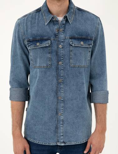 Koyu Mavi Regular Fit Uzun Kollu Jean Gömlek
