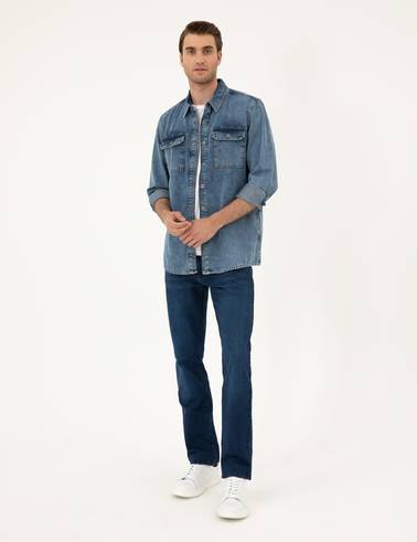 Koyu Mavi Regular Fit Uzun Kollu Jean Gömlek
