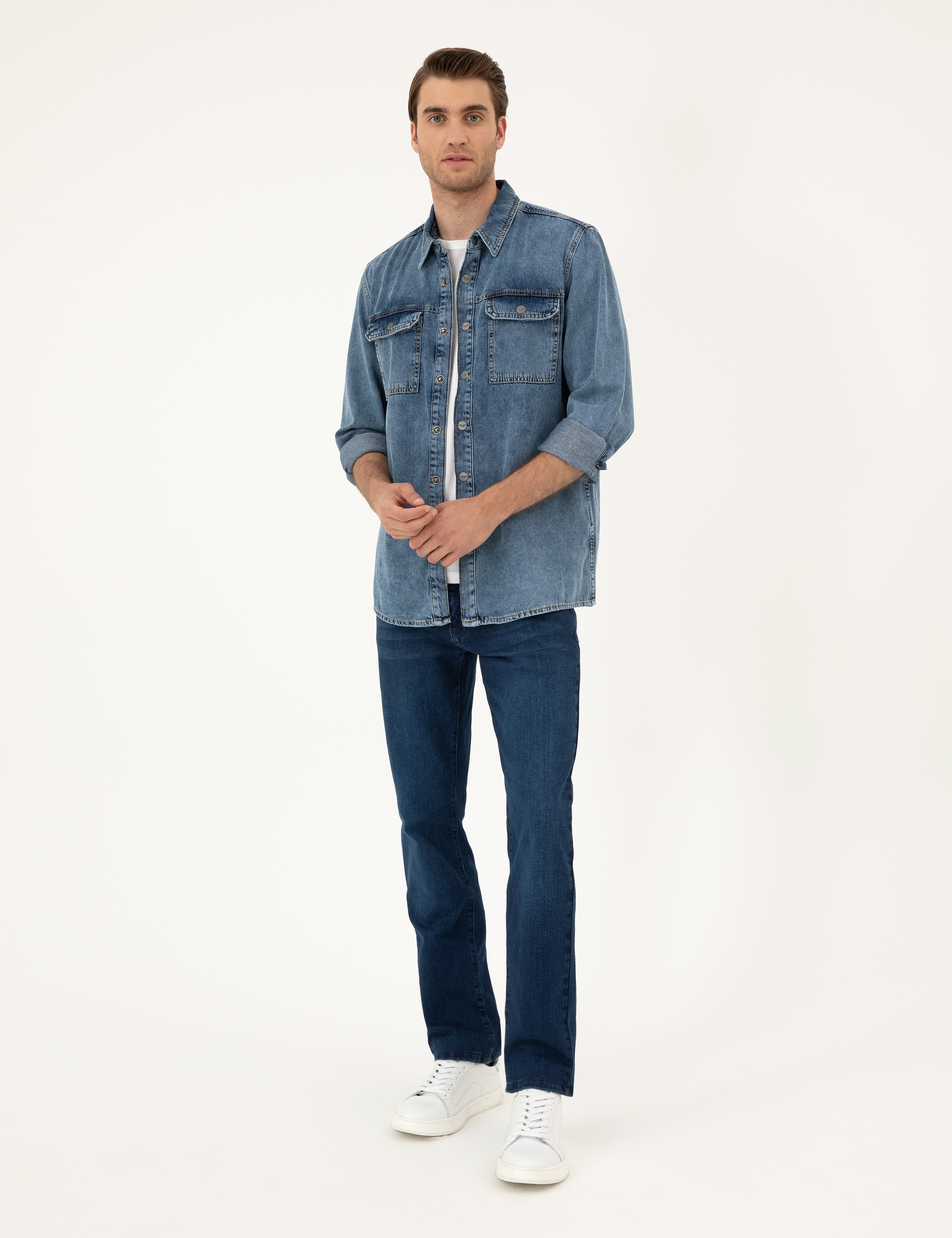 Koyu Mavi Regular Fit Uzun Kollu Jean Gömlek - Image 4