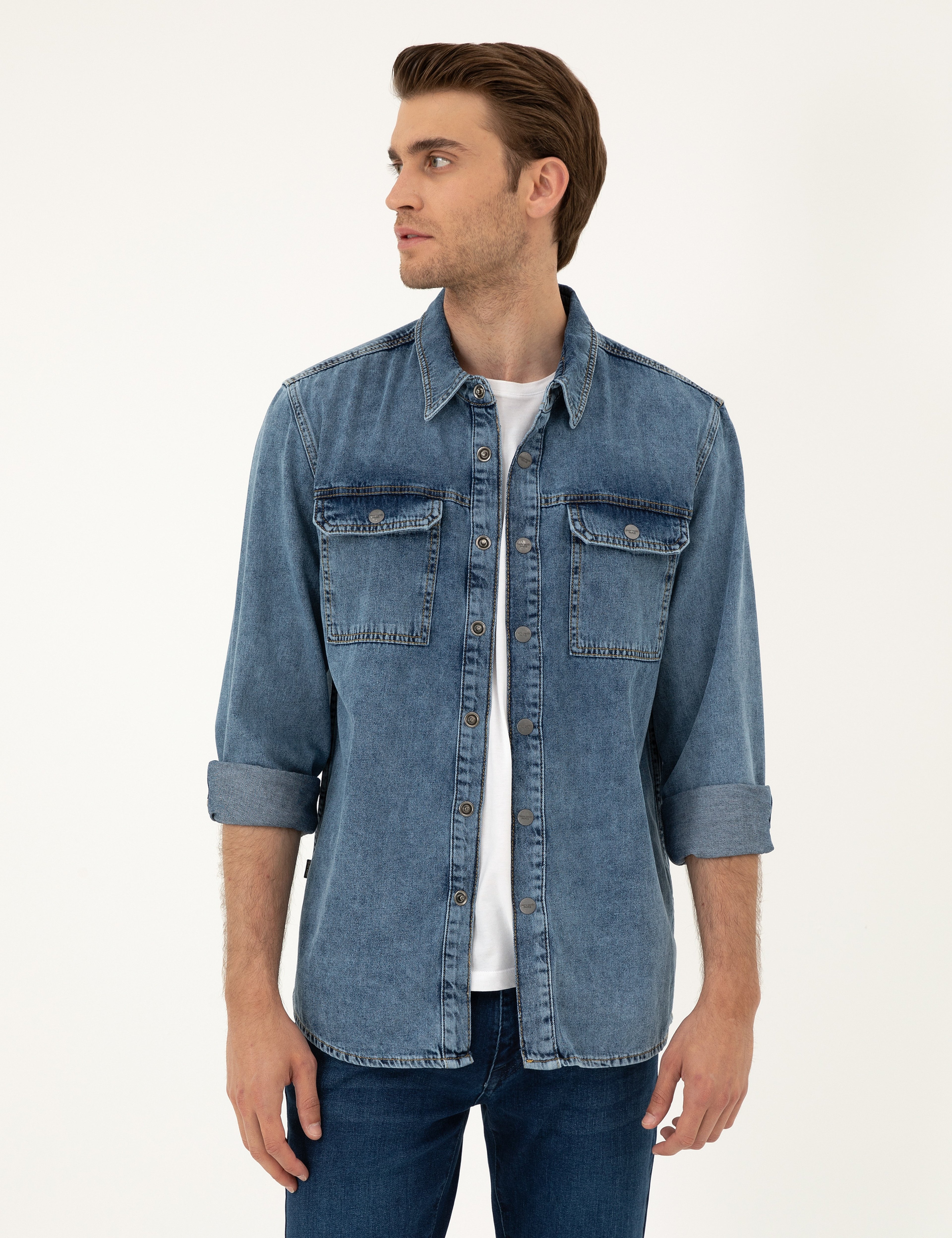 Koyu Mavi Regular Fit Uzun Kollu Jean Gömlek