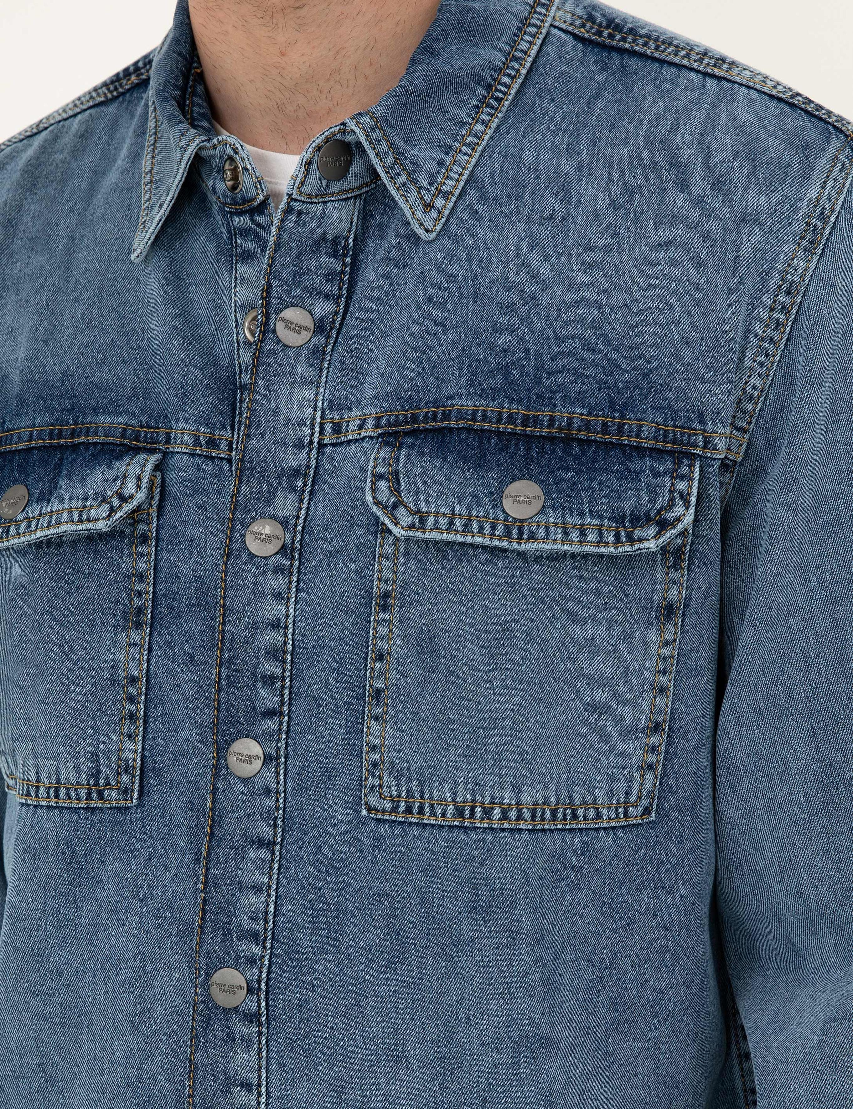 Koyu Mavi Regular Fit Uzun Kollu Jean Gömlek