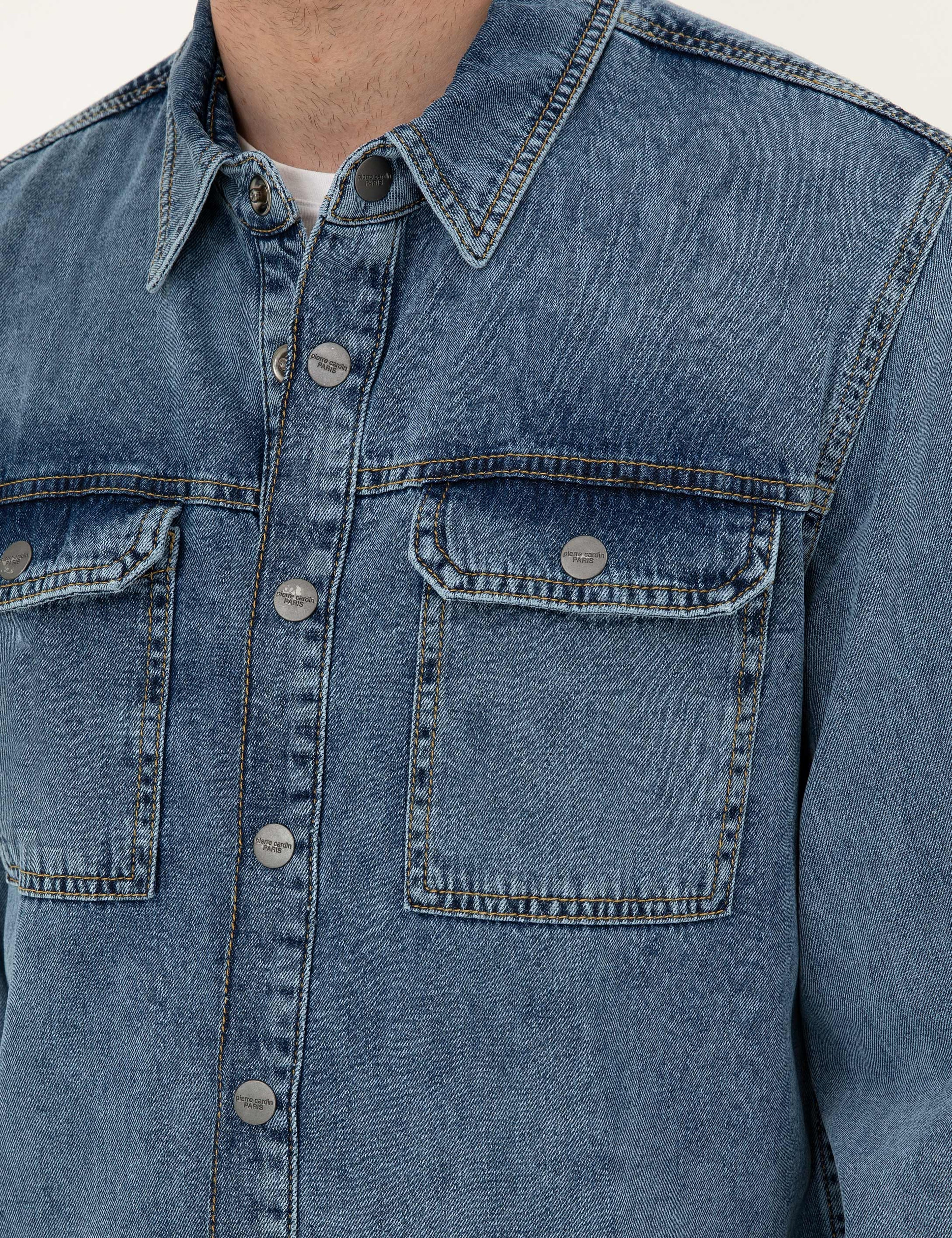 Koyu Mavi Regular Fit Uzun Kollu Jean Gömlek