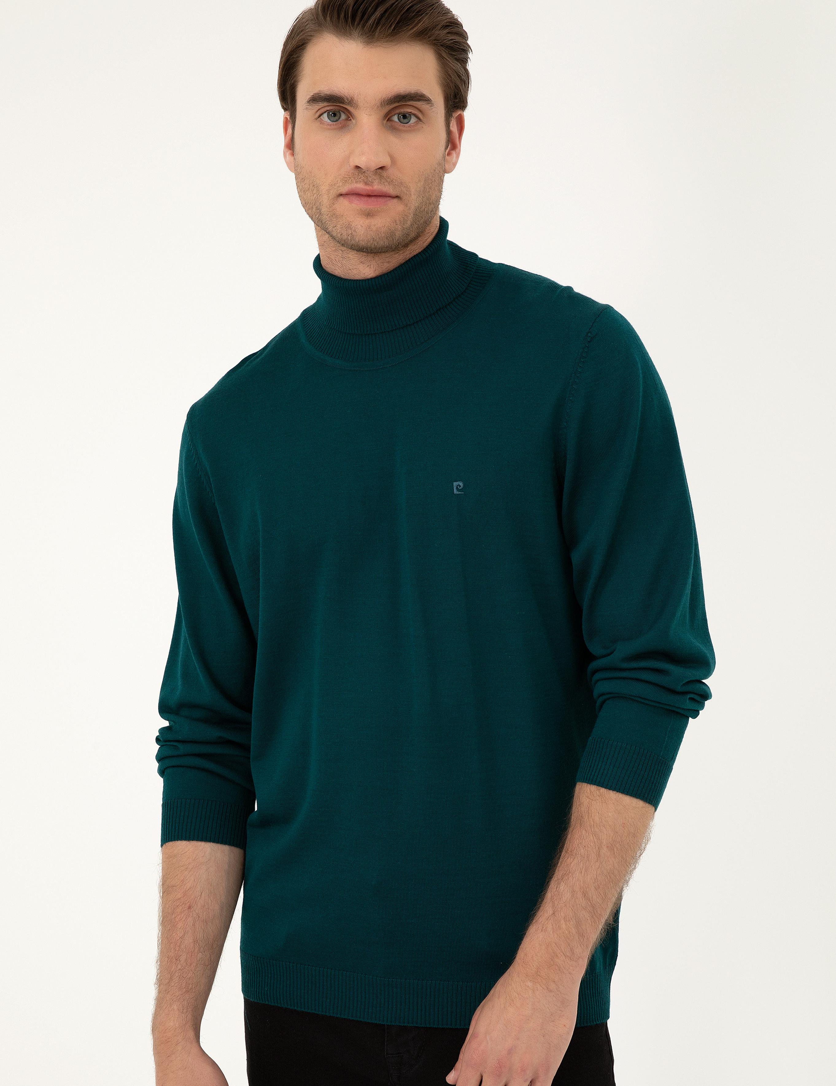 Yeşil Slim Fit Balıkçı Yaka Yün Karışımlı Basic Triko Kazak