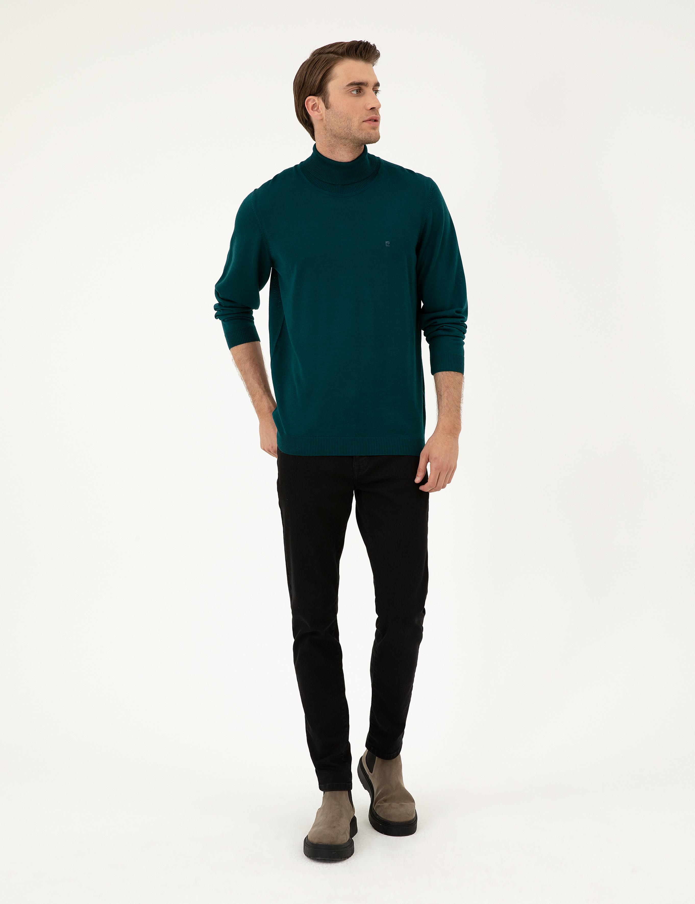 Yeşil Slim Fit Balıkçı Yaka Yün Karışımlı Basic Triko Kazak