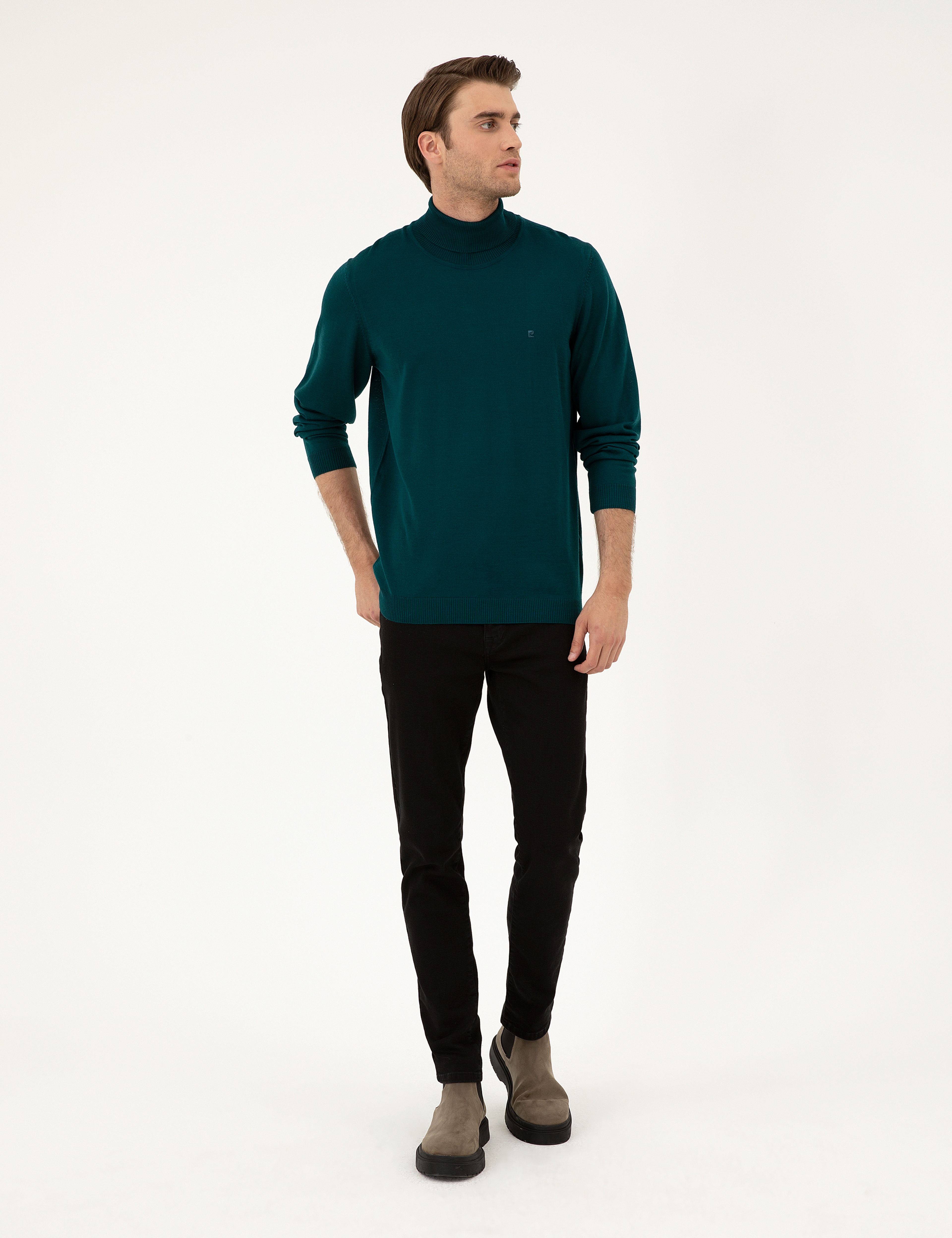 Yeşil Slim Fit Balıkçı Yaka Yün Karışımlı Basic Triko Kazak - Image 4
