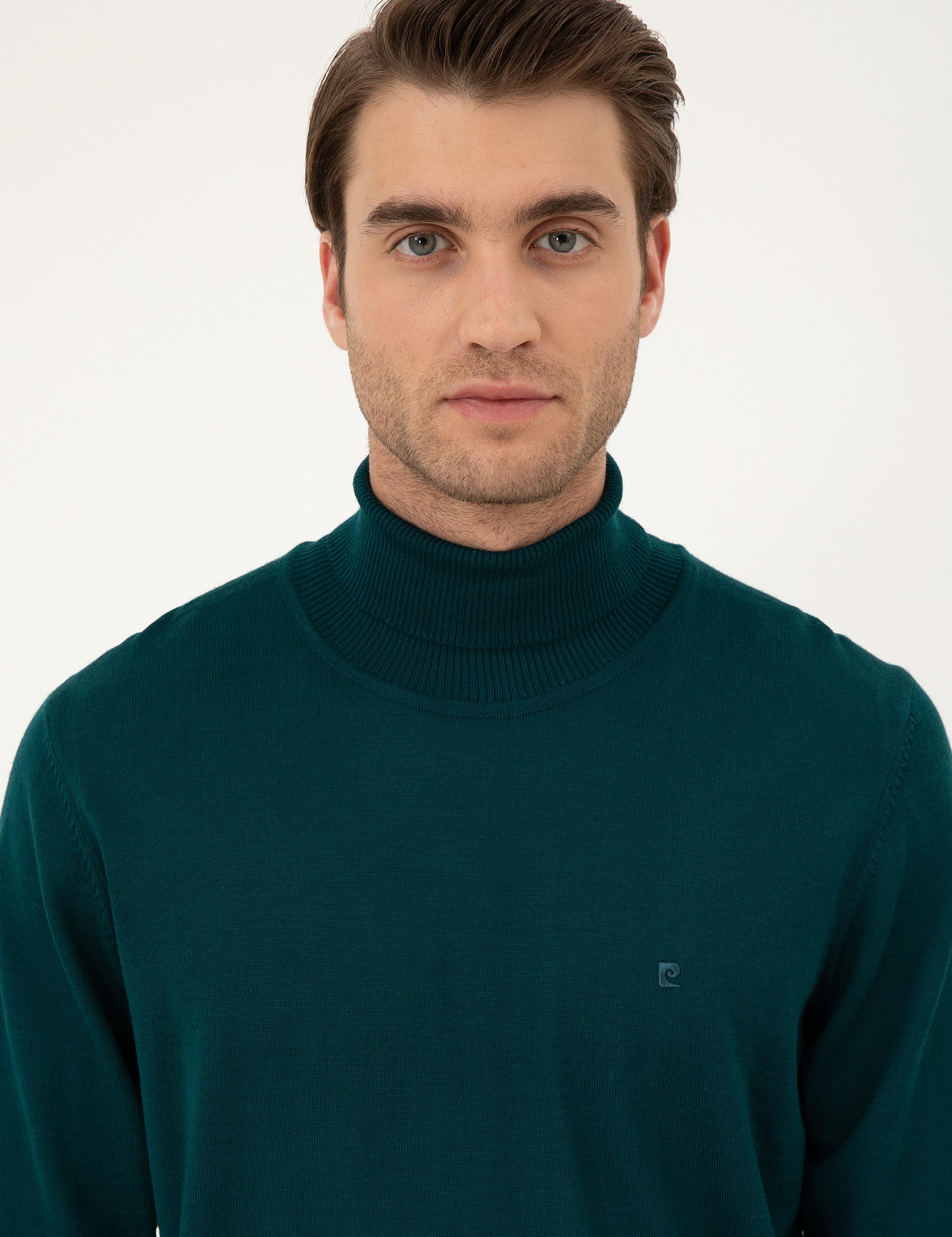 Yeşil Slim Fit Balıkçı Yaka Yün Karışımlı Basic Triko Kazak