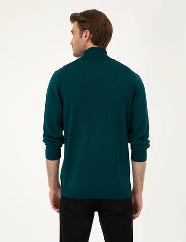 Yeşil Slim Fit Balıkçı Yaka Yün Karışımlı Basic Triko Kazak