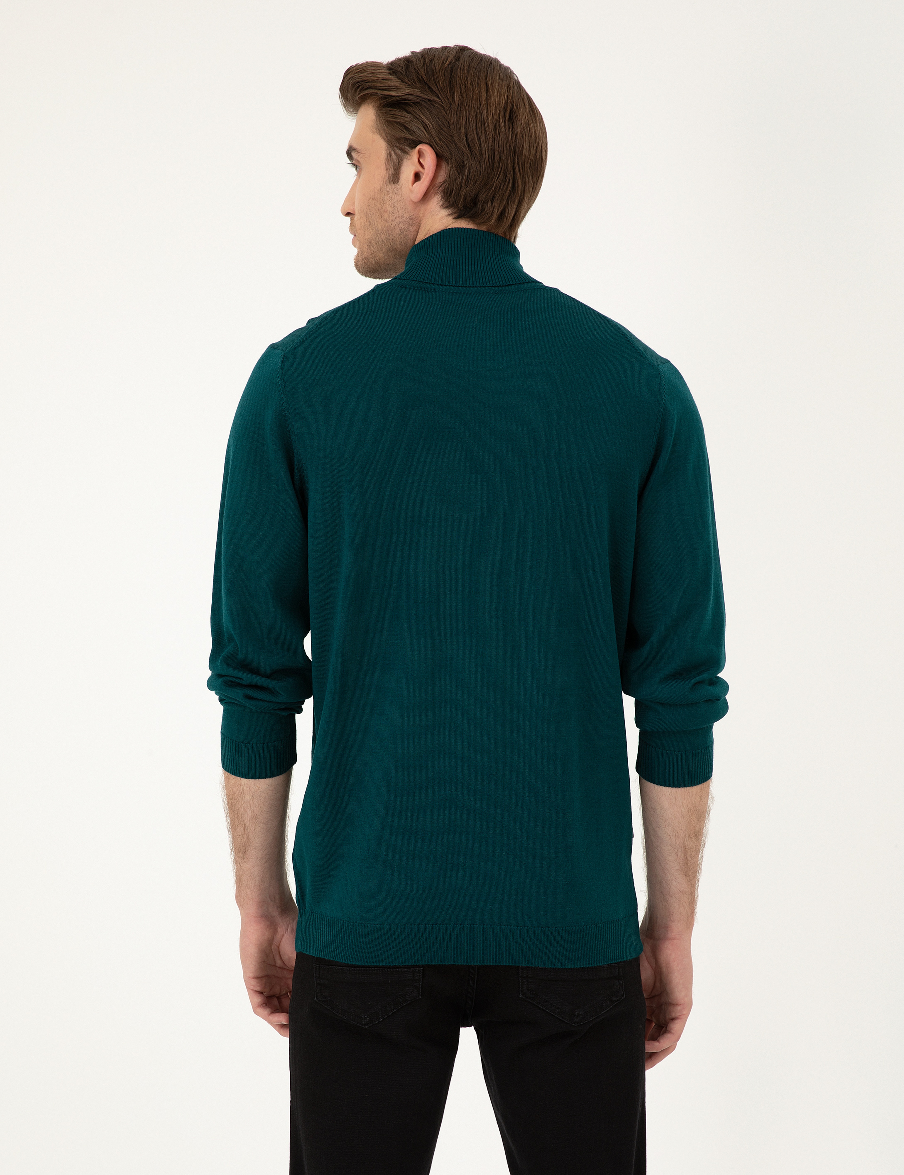 Yeşil Slim Fit Balıkçı Yaka Yün Karışımlı Basic Triko Kazak