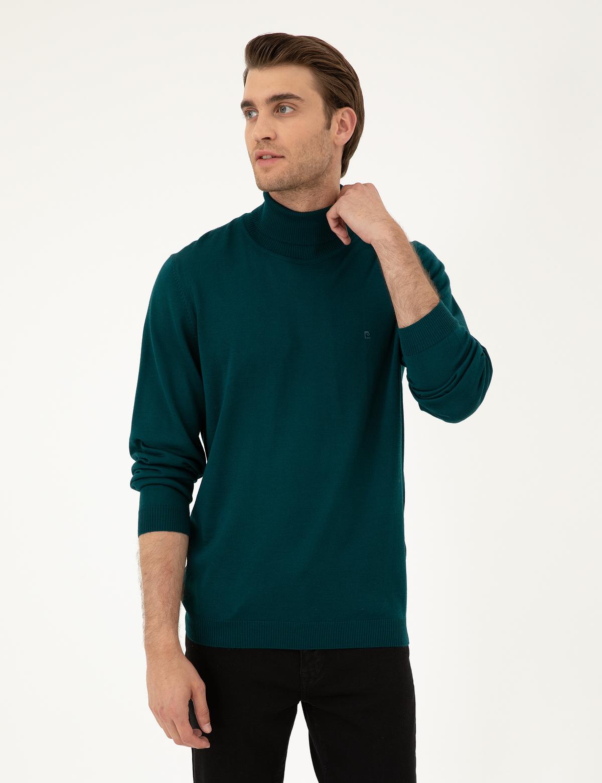 Yeşil Slim Fit Balıkçı Yaka Yün Karışımlı Basic Triko Kazak