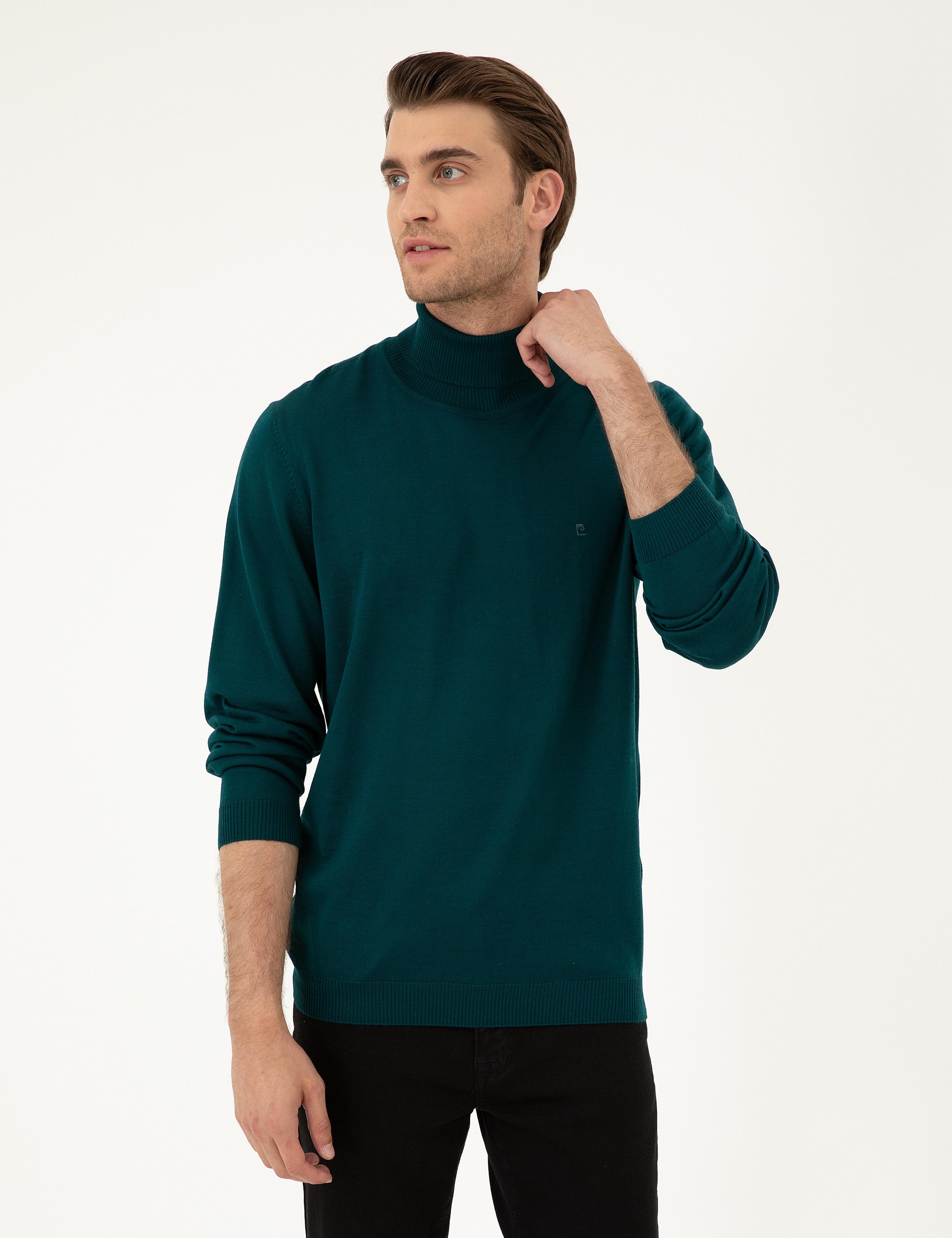 Yeşil Slim Fit Balıkçı Yaka Yün Karışımlı Basic Triko Kazak