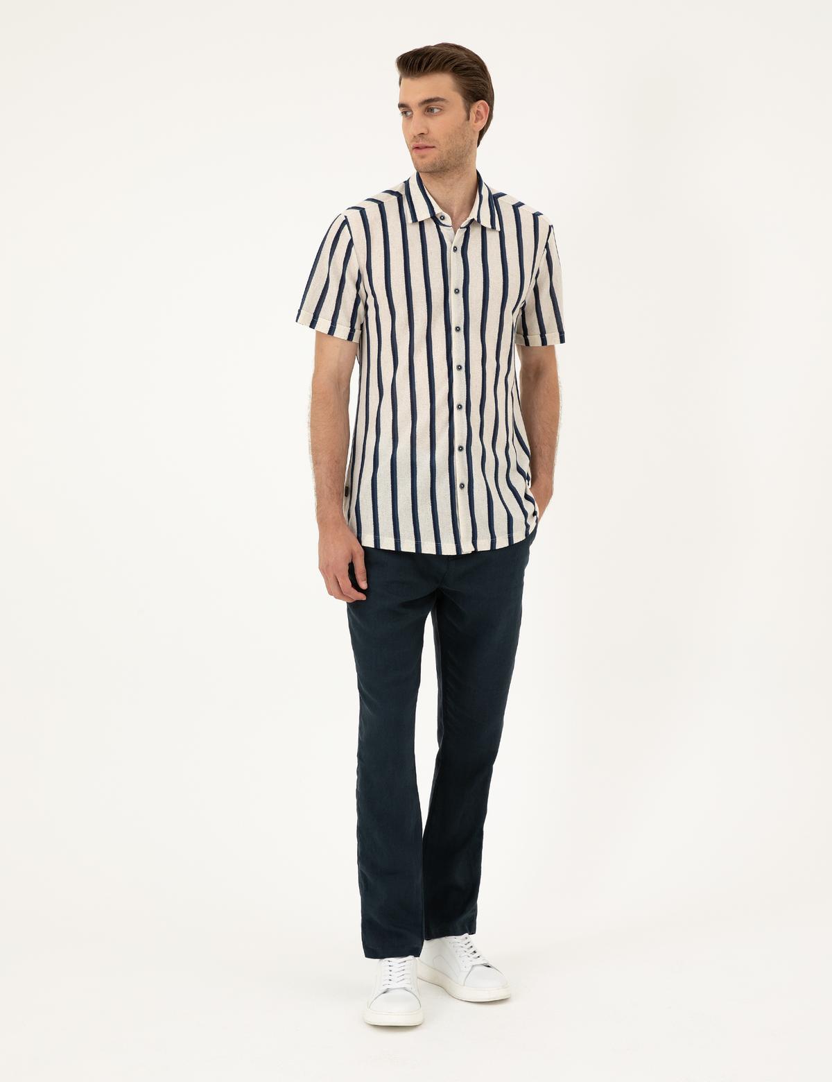 Lacivert Carrot Fit %100 Keten Kanvas Pantolon