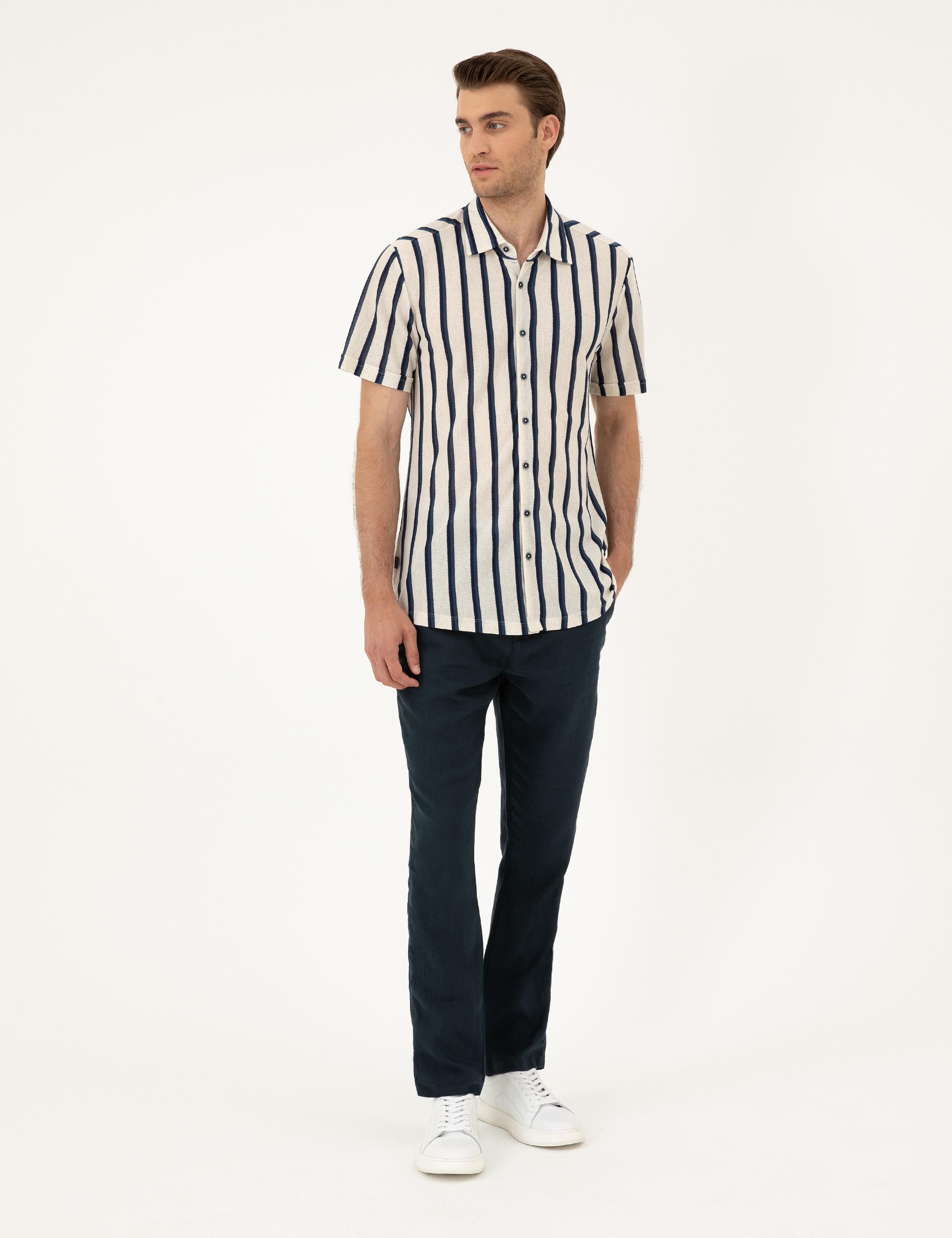 Lacivert Carrot Fit %100 Keten Kanvas Pantolon