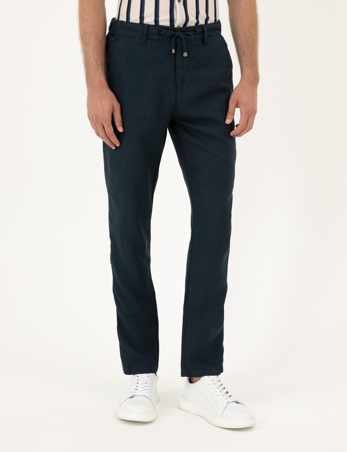 Lacivert Carrot Fit %100 Keten Kanvas Pantolon - 50285714461