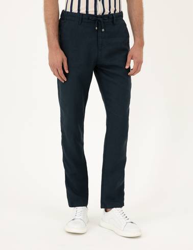 Lacivert Carrot Fit %100 Keten Kanvas Pantolon