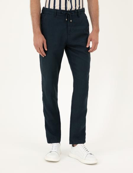 Lacivert Carrot Fit %100 Keten Kanvas Pantolon - 50285714461