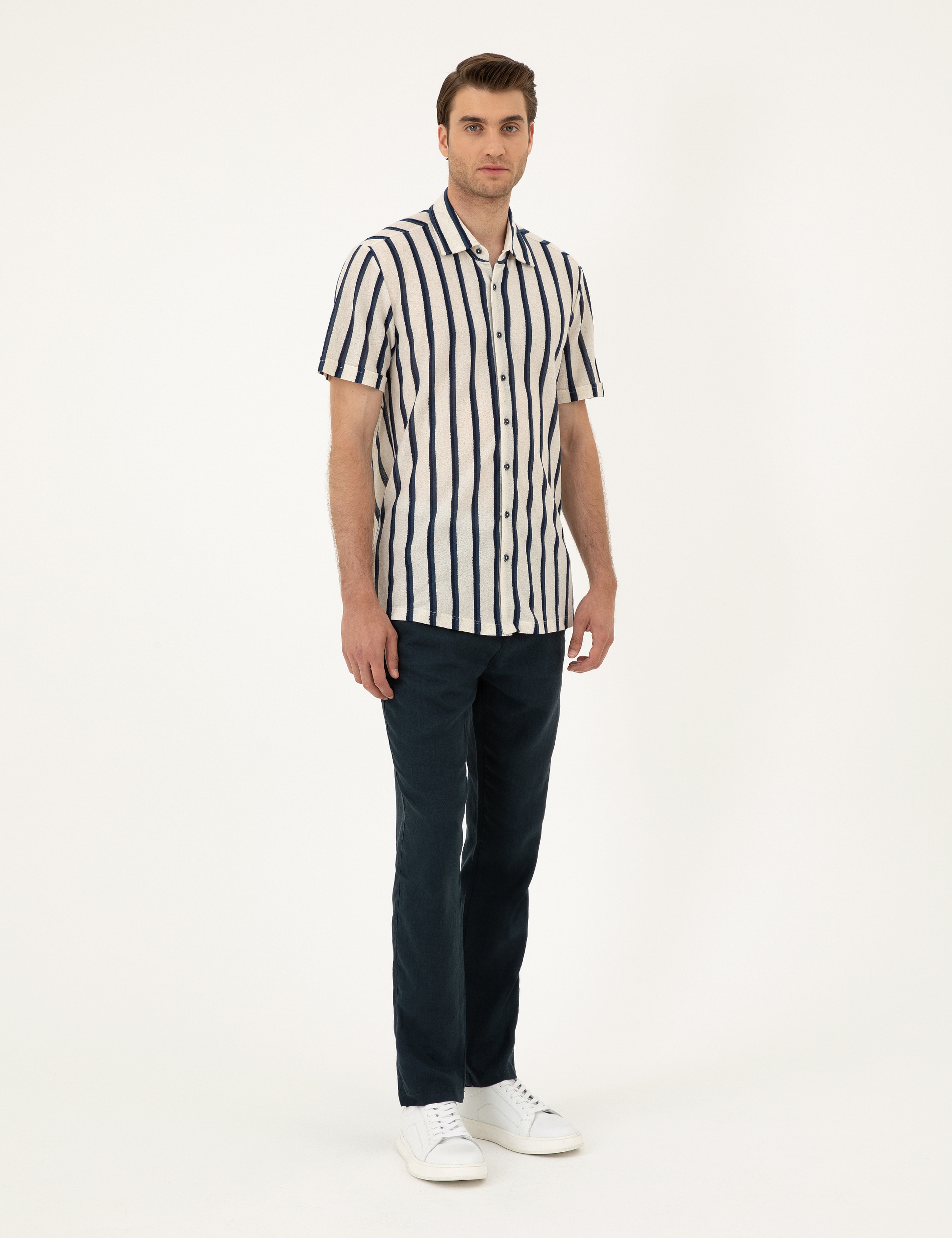 Lacivert Carrot Fit %100 Keten Kanvas Pantolon - Image 3