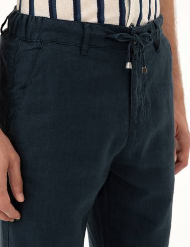 Lacivert Carrot Fit %100 Keten Kanvas Pantolon