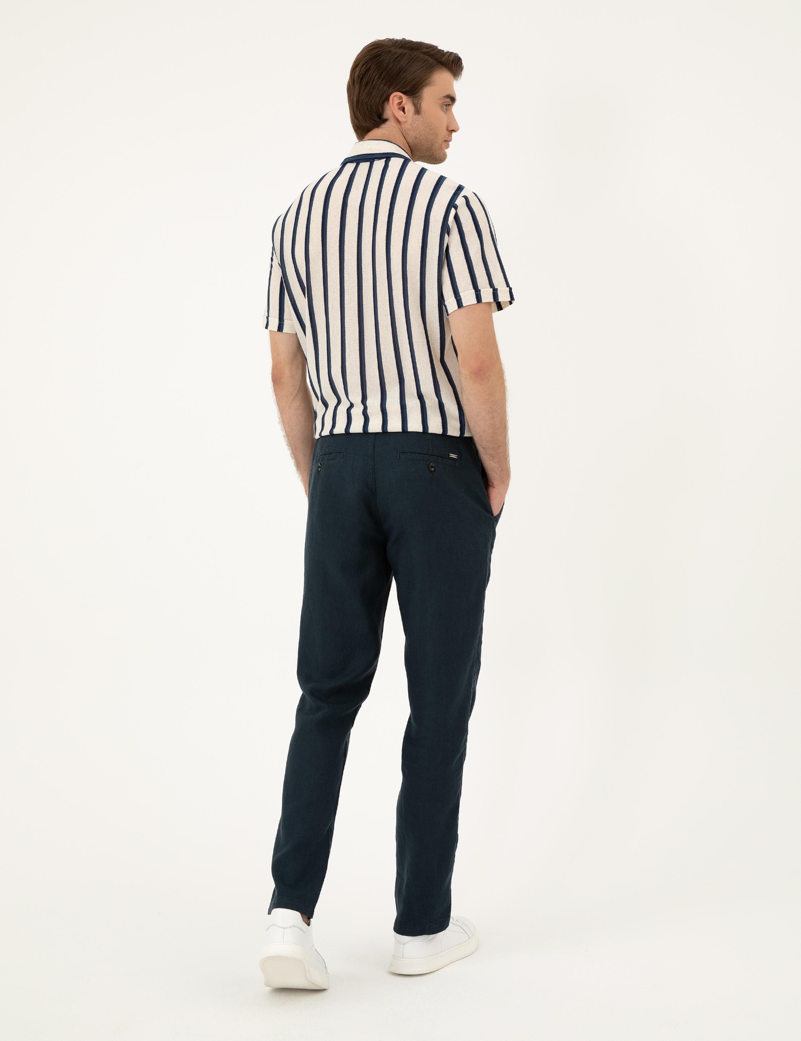 Lacivert Carrot Fit %100 Keten Kanvas Pantolon