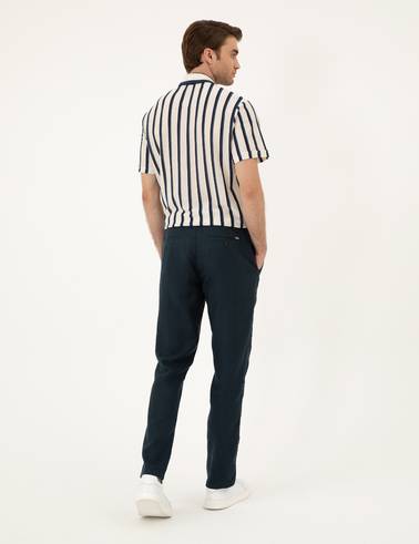 Lacivert Carrot Fit %100 Keten Kanvas Pantolon