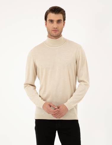 Bej Slim Fit Balıkçı Yaka Yün Karışımlı Basic Triko Kazak