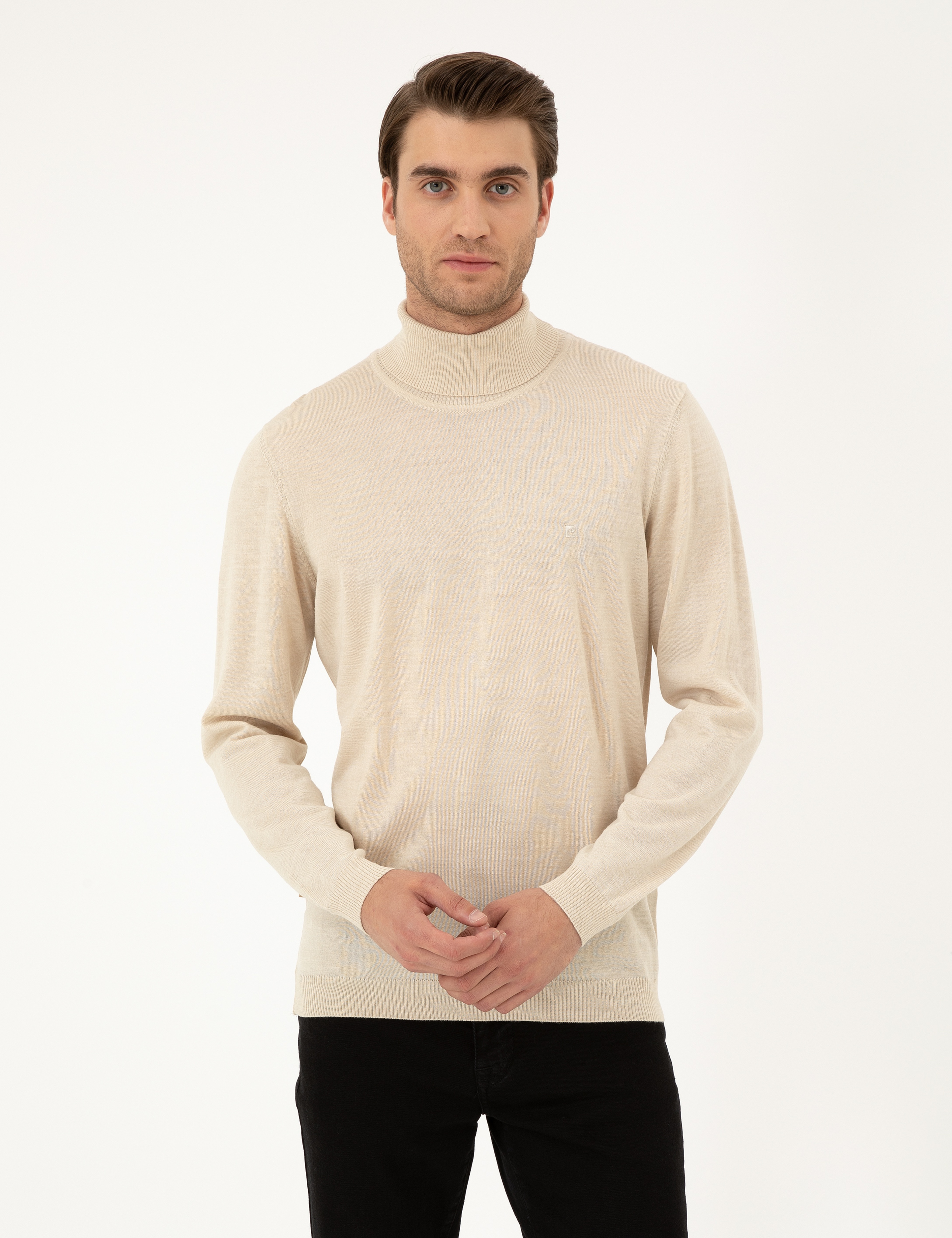 Bej Slim Fit Balıkçı Yaka Yün Karışımlı Basic Triko Kazak - Image 1