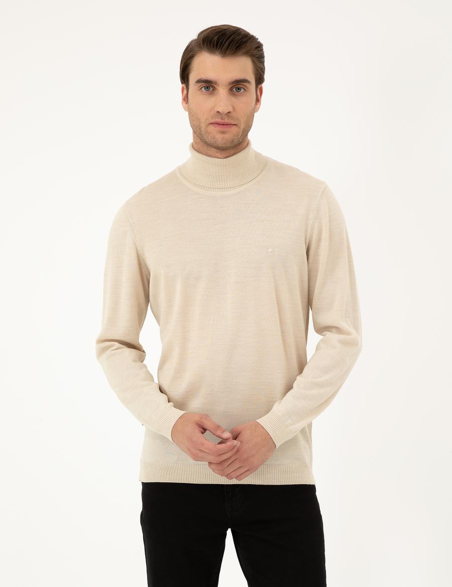 Bej Slim Fit Balıkçı Yaka Yün Karışımlı Basic Triko Kazak