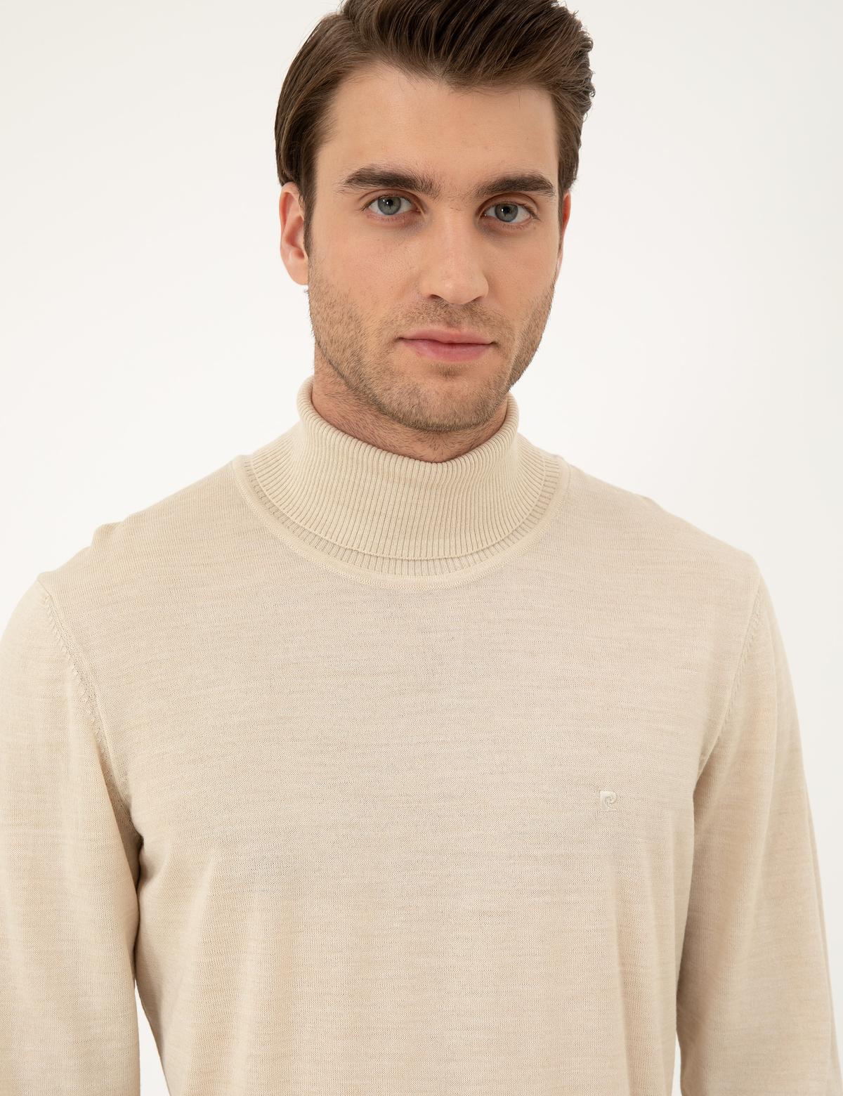 Bej Slim Fit Balıkçı Yaka Yün Karışımlı Basic Triko Kazak - 50270052071