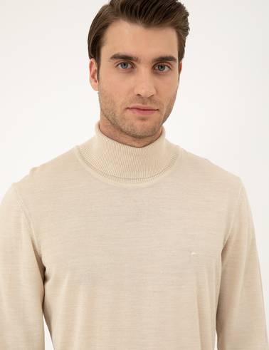 Bej Slim Fit Balıkçı Yaka Yün Karışımlı Basic Triko Kazak