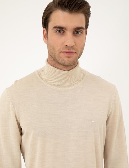 Bej Slim Fit Balıkçı Yaka Yün Karışımlı Basic Triko Kazak - 50270052071