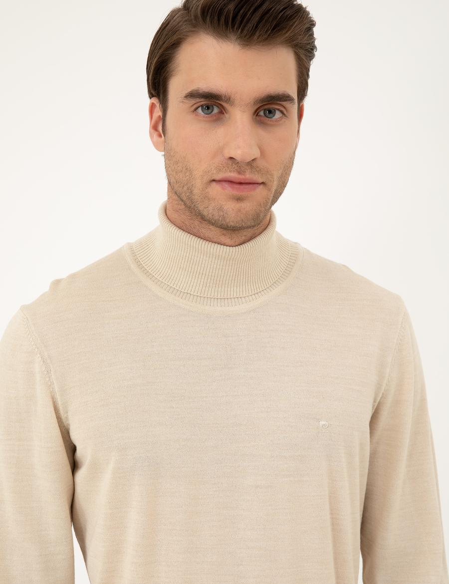 Bej Slim Fit Balıkçı Yaka Yün Karışımlı Basic Triko Kazak