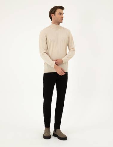 Bej Slim Fit Balıkçı Yaka Yün Karışımlı Basic Triko Kazak