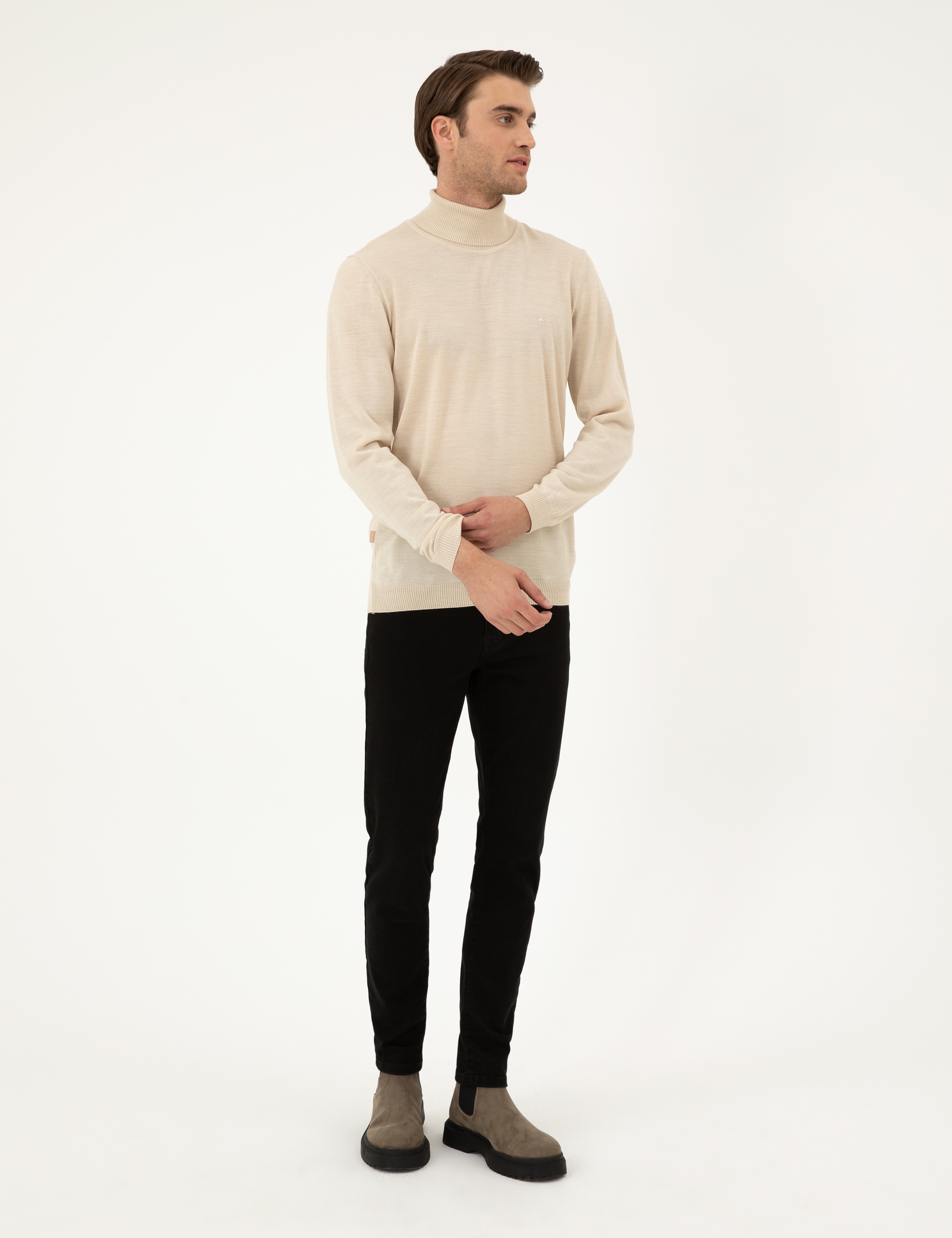 Bej Slim Fit Balıkçı Yaka Yün Karışımlı Basic Triko Kazak - Image 4