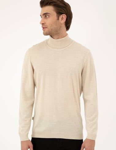 Bej Slim Fit Balıkçı Yaka Yün Karışımlı Basic Triko Kazak