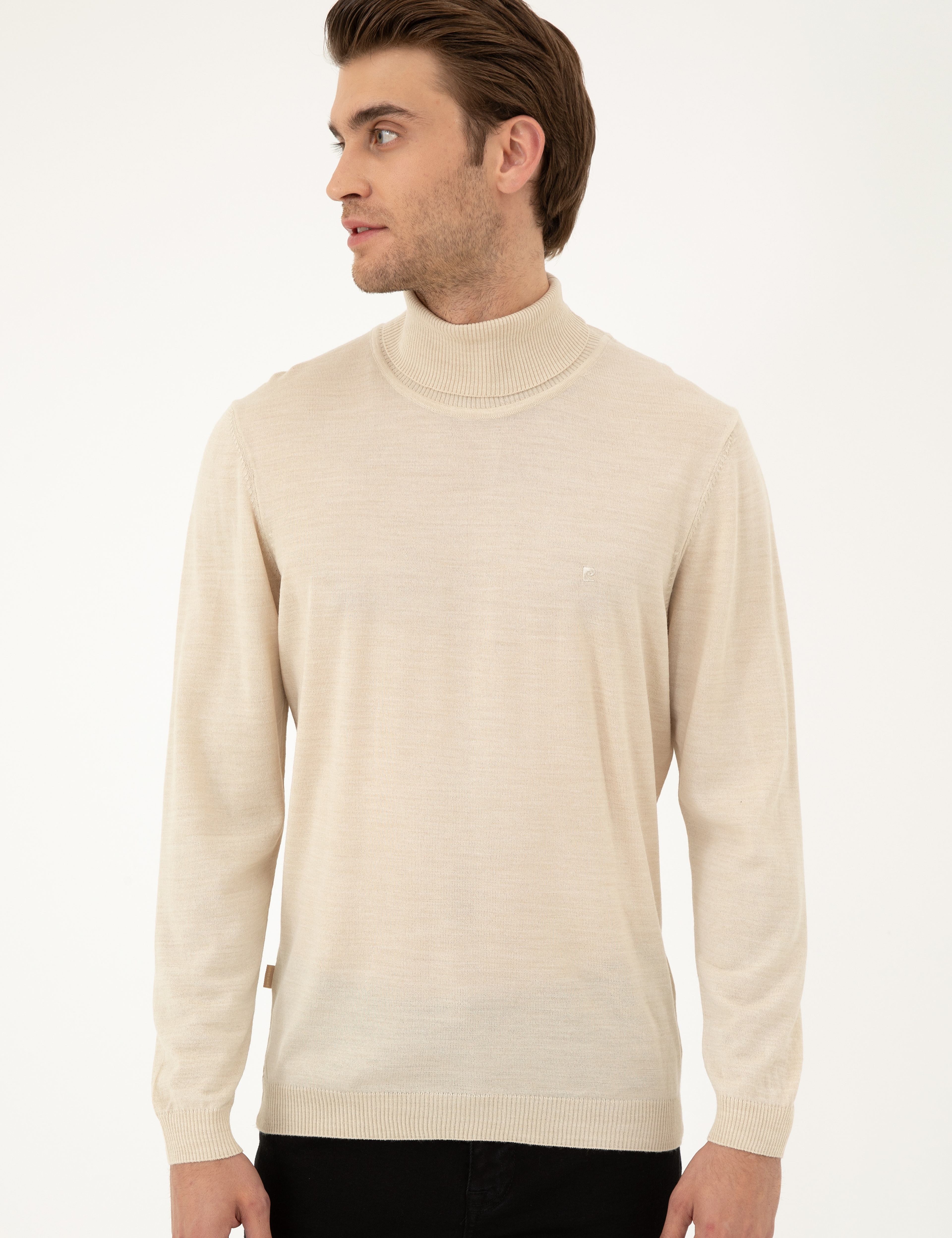 Bej Slim Fit Balıkçı Yaka Yün Karışımlı Basic Triko Kazak - Image 3