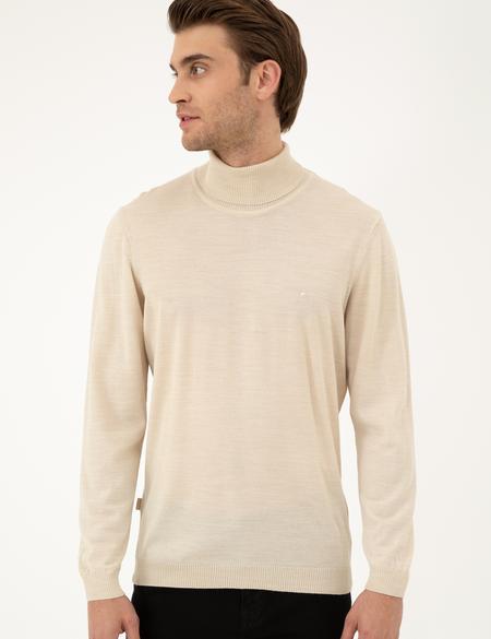 Bej Slim Fit Balıkçı Yaka Yün Karışımlı Basic Triko Kazak - 50270052071