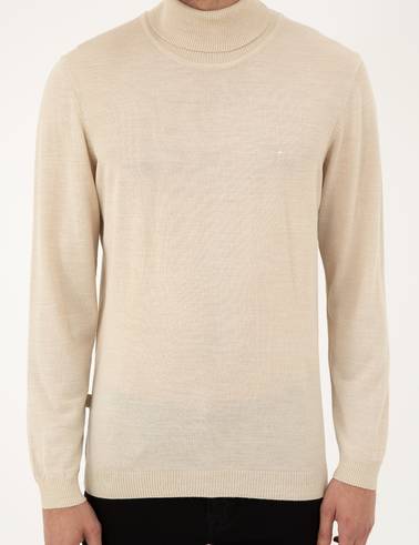 Bej Slim Fit Balıkçı Yaka Yün Karışımlı Basic Triko Kazak