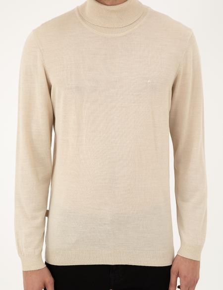 Bej Slim Fit Balıkçı Yaka Yün Karışımlı Basic Triko Kazak - 50270052071