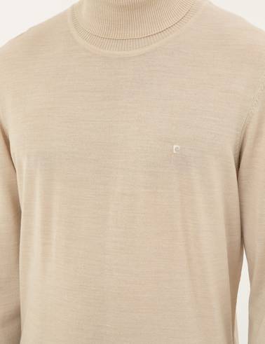 Bej Slim Fit Balıkçı Yaka Yün Karışımlı Basic Triko Kazak